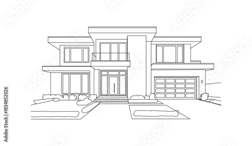 A minimalist outline drawing of a contemporary two-story house showcasing modern architectural design features and clean lines perfect for residential concepts