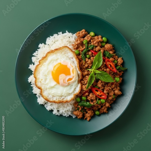 High-angle view of Pad Kra Pao on a trendy basil-green background, highlighting the vibrant colors of fresh chili and holy basil.