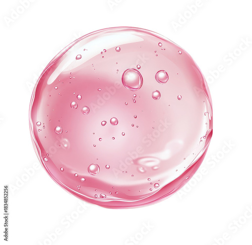 A close-up view of a translucent pink gel bubble with water droplets. its smooth surface and glossy texture. suitable for cosmetic product illustrations or skincare advertisements