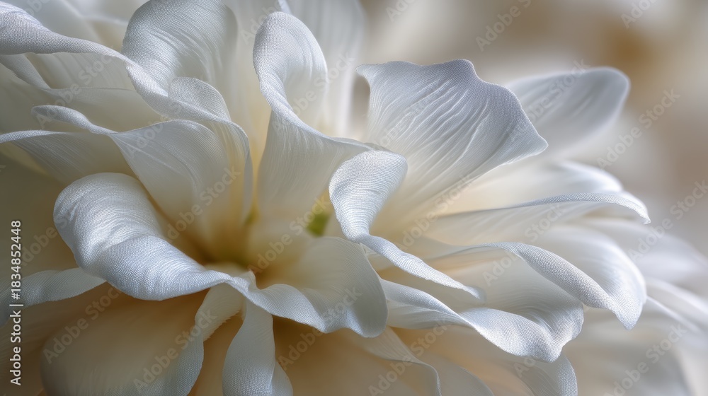 Fototapeta premium A close-up view of a stunning white dahlia flower. The soft petals are delicate and beautiful, creating a sense of peace and serenity. Cloud Dancer color