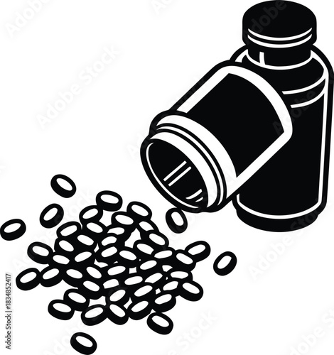 Spilled Pills and Medicine Bottle Black and White Icon