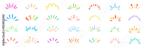 Line surprise shine ray color icon set. Hand drawn doodle color sparkle shine, surprise, sunburst frame with pop confetti ornament element collection. Comic headline decoration light ray. Vector