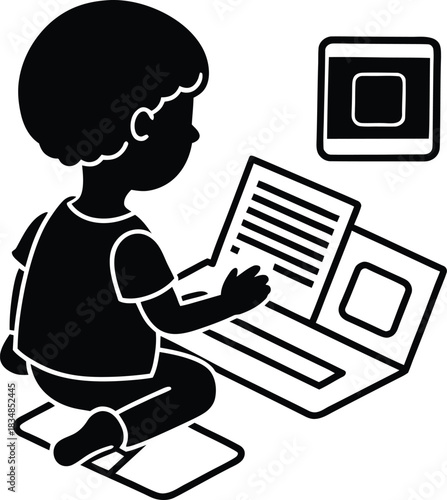 Silhouette of child reading a book on a mat vector