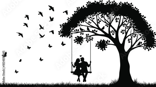 Romantic couple sitting on a swing under a large flourishing tree silhouette, surrounded by flying birds and butterflies, symbolizing love, nature, freedom, happiness, 