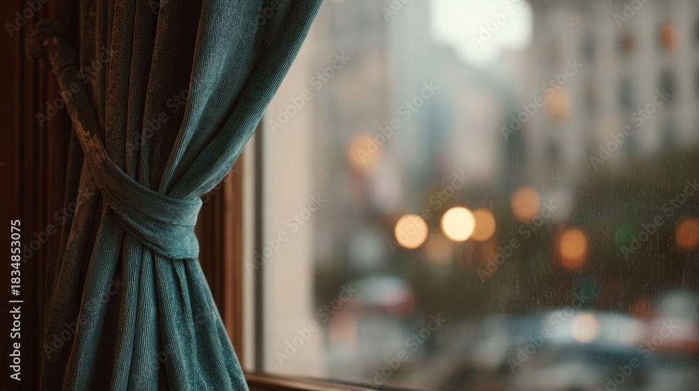 Obraz premium Close-up of a window with a dark green curtain tied in a knot.