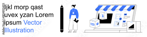 E-commerce, online shopping, digital business, delivery services, marketing, retail. A storefront with delivery boxes, digital platform graphics. E-commerce and online shopping concept