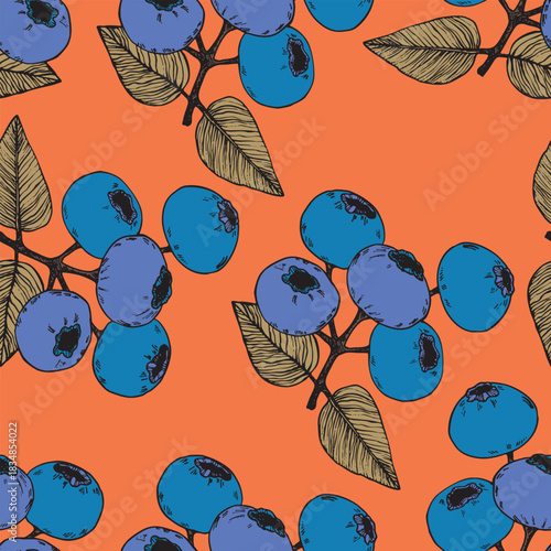 Seamless pattern with blueberry. Natural fresh ripe tasty blueberries. Vector illustration for background, packaging, textile, fabric and various other designs. Food concept.
