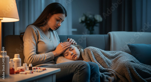 Caring Embrace: A devoted mother comforts her sick child at night, her tender touch offering solace amid illness, with medicine nearby.