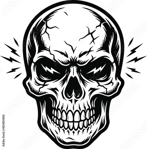 Detailed Skull Illustration with Lightning Bolts silhouette Drawing