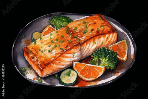 Grilled Salmon Fillet with Vegetables Illustration Broccoli, Zucchini and Orange Slices, Watercolor Food Art on Black isolated, Background