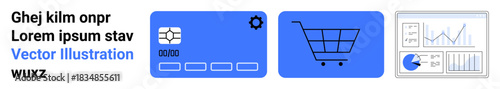 Credit card with settings gear, shopping cart symbol, and analytics dashboard with charts. Ideal for e-commerce, digital payments, online shopping, financial services, business analytics, data