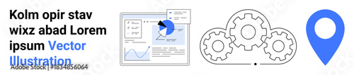 Business strategy, data analytics, workflow process, automation, system integration, location tracking. Features graph interface, gears and pin symbol. Data analytics and workflow process concepts