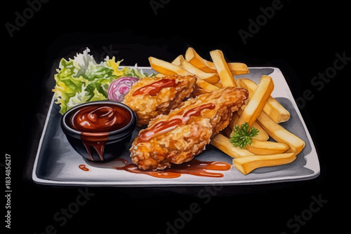 grilled chicken breast with vegetables and french fries and ketchup on plate, black isolated background