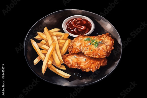 grilled chicken breast with vegetables and french fries and ketchup on plate, black isolated background
