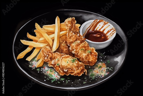 grilled chicken breast with vegetables and french fries and ketchup on plate, black isolated background