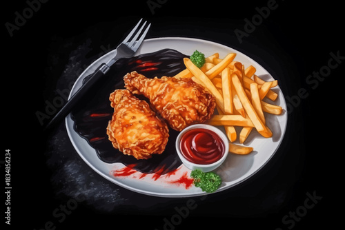 grilled chicken breast with vegetables and french fries and ketchup on plate, black isolated background