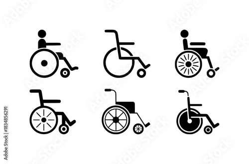 Collection of Six Black and White Wheelchair Icons for Accessibility and Mobility