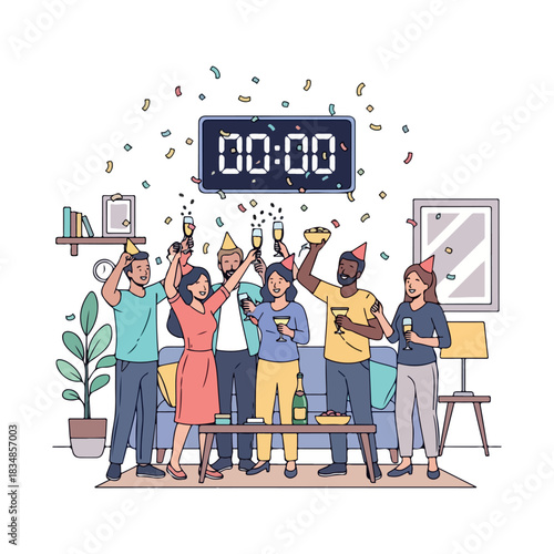 A group of people celebrating with party horns and confetti under a countdown timer in a living room with a joyful mood.