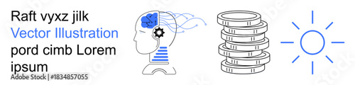 Artificial intelligence, brain network, financial growth, renewable energy, economy, sustainable solutions. Brain with circuits, stacked coins and sun. AI and financial growth concepts