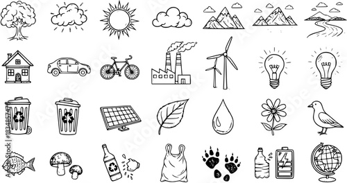 Hand-drawn Doodle Set of Environmental and Nature Icons: Recycling, Renewable Energy, Pollution, Wildlife, and Sustainable Living Concepts