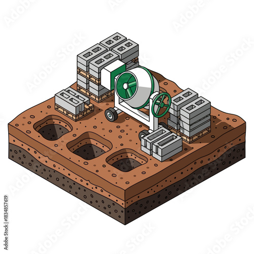 Isometric illustration of a construction site with cement mixer and cinder blocks.