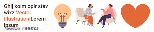 Communication, brainstorming, relationships, emotional connections, ideas, creativity. Two women sitting and talking, with a lightbulb and heart symbol nearby. Communication and brainstorming