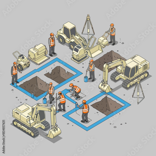 Isometric Construction Site with Workers and Excavators Digging Foundation Pits.