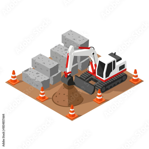 Isometric mini excavator digging a hole at a construction site.