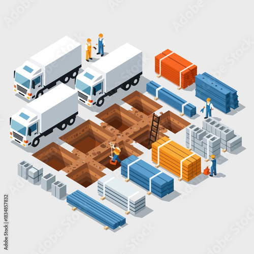 Construction site with trucks workers and building materials ready for work.