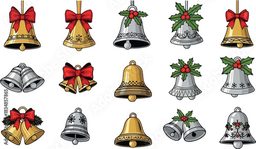 Elegant Christmas Tree Vector Logo, Black and Christmas Bells Vector Illustration: Assorted 2D Bell Logos