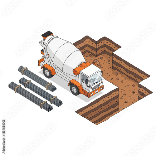 Concrete Mixer Truck at Construction Site with Steel Reinforcements.