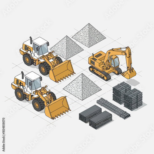 Construction site with heavy machinery and building materials.