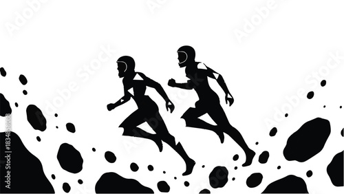 Dynamic silhouettes of two athletes running with determination against a backdrop of abstract shapes.