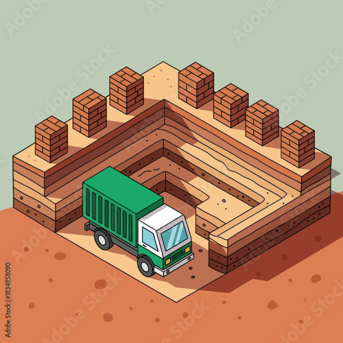 Construction truck delivering bricks to building site isometric view.