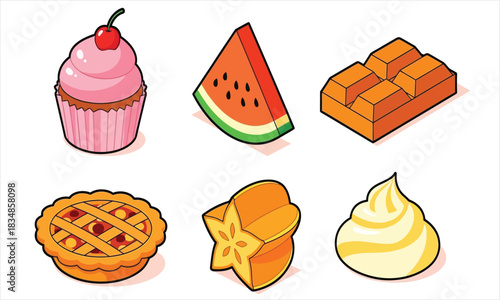 A charming collection of isometric illustrations depicting various delectable desserts and fresh fruits, perfect for culinary themes