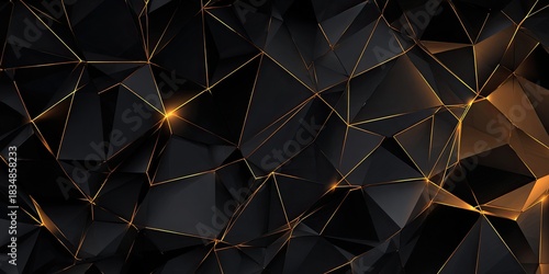Abstract black and gold geometric design, low-poly style with glowing accents
