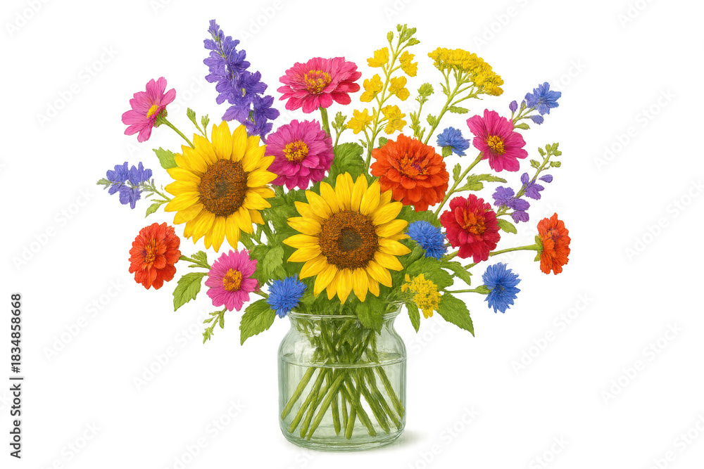 Obraz premium Colorful summer wildflowers bouquet in glass vase, garden zinnia, sunflower, and delphinium on transparent background
