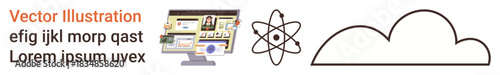 Technology, cloud computing, scientific research, data storage, education, innovation. A computer screen, atomic symbol and cloud outline together. Technology and cloud computing