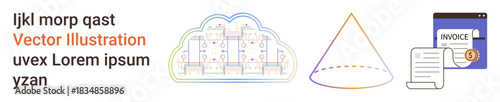 Cloud services, data visualization, billing management, business concepts, financial processes, abstract design. Cloud icon, geometric shape invoice document. Cloud services and data visualization