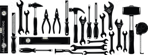 Black silhouette collection of hand tools including wrenches, screwdrivers, hammers, and pliers for construction, repair, mechanic, and DIY design