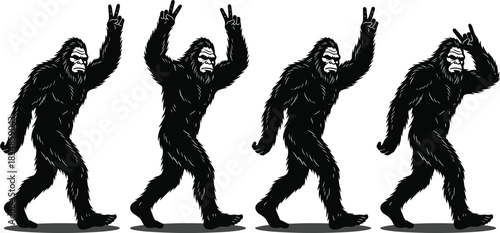 Bigfoot Silhouette Vector Set Showing Peace Sign Gesture in Walking Sequence, Mythical Creature Icons in Black and White Style
