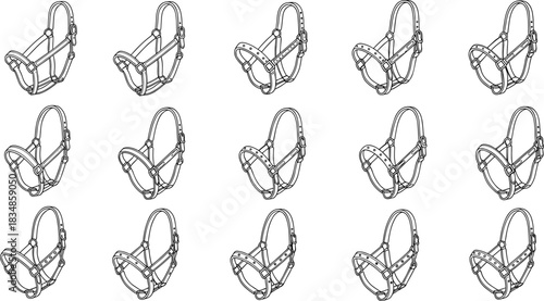 Collection of 15 black horse halter silhouette illustrations showcasing various strap and buckle designs for equestrian gear and identification