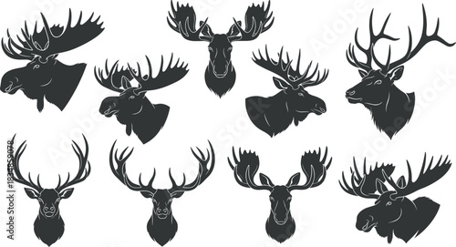 Collection of deer and moose head silhouettes with antlers for wildlife, hunting, forest, nature, and rustic design themes