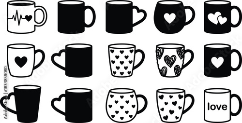 Collection of Black Coffee Mug Silhouettes Featuring Heart Shapes, Love Symbols, Romantic Themes, Valentine's Day Decor, and Gift Ideas