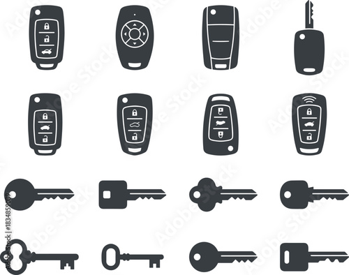 Collection of key and car remote silhouettes in various styles for automotive design, security, locksmith, and vector illustration purposes