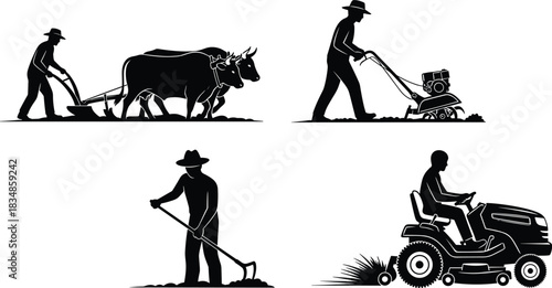 Set of Farming Silhouette Illustrations Depicting Manual, Animal-Powered, and Mechanized Cultivation Methods for Agricultural Design and Educational Use