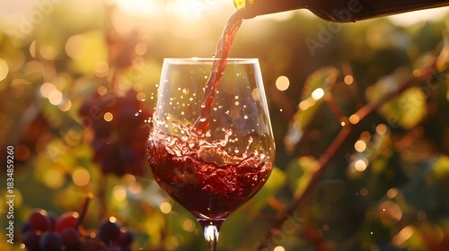 Golden Hour Vineyard Scene Of Red Wine Being Poured Into A Glass