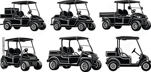 Golf Cart Silhouette Vector Set Featuring Diverse Utility Designs, Seating Arrangements, and Cargo Styles in Black and White Icons