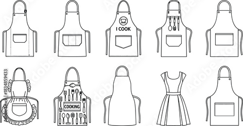 Set of 10 black apron silhouette designs featuring cooking graphics, text, and pocket styles for kitchen, chef, and culinary themes