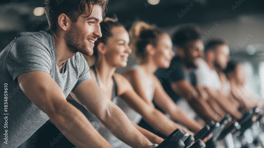 custom made wallpaper toronto digitalGroup of adults engaged in intense indoor cycling workout at a gym during a morning fitness class session